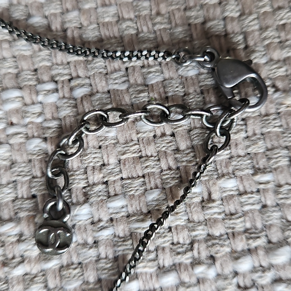 Chanel Gunmetal CC Logo Crystal Pendant Necklace Blue Clear 05P - Picture 4 of 6